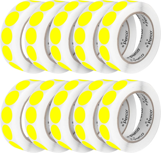Perco Fluorescent Yellow 1-Inch Perforated Circle Dot Sticker Labels—10 Rolls, 10,000 Round Stickers — with Permanent Adhesive for Inventory Management, Color Coding, Garage Sales, Crafts—Made in USA