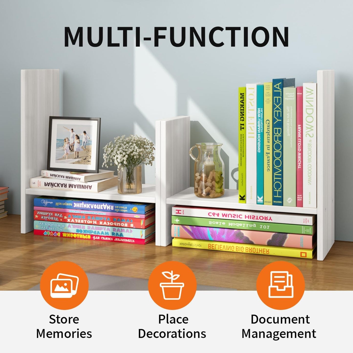 YSJILIDE Wood Adjustable Small Desktop Bookshelf, Expandable Storage Organizer, Organizer Office Storage Rack, Display Shelf Rack, Office Supplies Desk Organizer(White)
