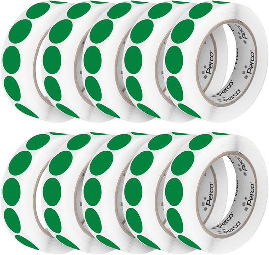 Perco Green 1-Inch Perforated Circle Dot Sticker Labels — 10 Rolls, 10,000 Round Stickers — with Permanent Adhesive for Inventory Management, Color Coding, Garage Sales, Crafts—Made in USA