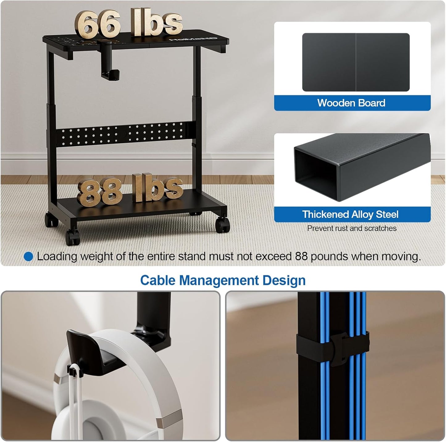 Height Adjustable Computer Tower Stand, 2-Tier ATX-Case CPU Holder with Mouse Pad & Headphone Stand, Mobile PC Standing Under Desk, Home Office Gaming Accessories, Computer Cart Wheels, Black