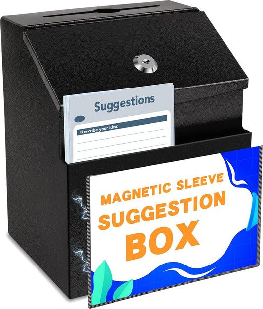Suggestion Box with Slot and Lock Metal 8.4 x 5.8 x 7.0 inch Built-In Storage Compartment with Magnetic Sign Holder 50 Suggestion Cards Tip Jar Ballot Voting Prayer Comment Mailbox Teacher