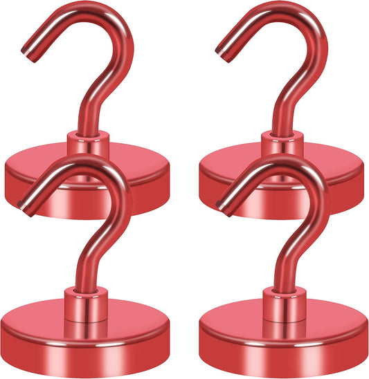 Neosmuk Magnetic Hooks Heavy Duty, Strong Magnet with Hook for Fridge, Super Neodymium Extra Strength Industrial Hooks for Hanging, Magnetic Hanger for Toolbox, Cruise, Grill(Red,4 Pack)