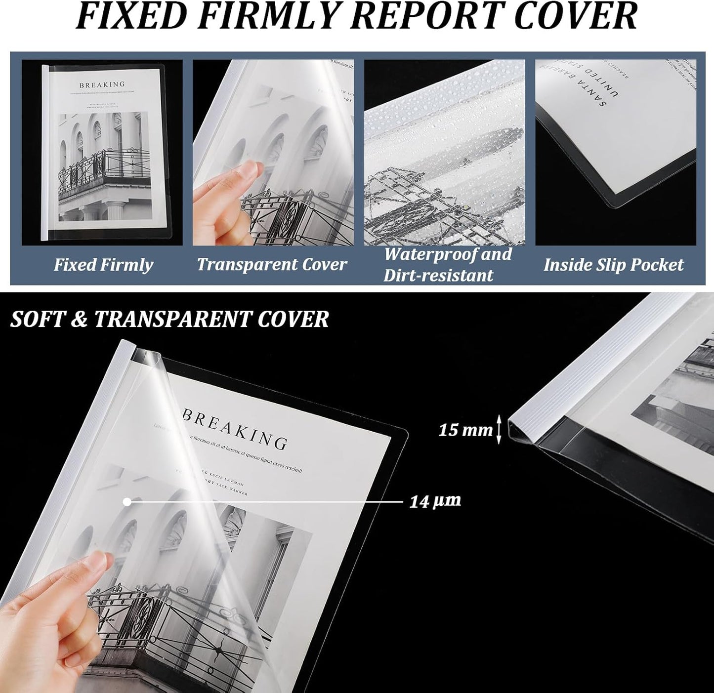 BBTO 100 Pcs Clear Report Covers with Sliding Bar for A4 Paper Resume Covers Presentation Folders File Document Binder for School Business, Letter Size 12 x 8.7 Inches(White)