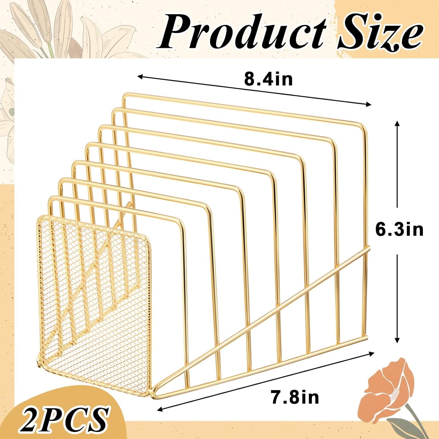2 Pcs 7 Slot Incline File Sorter Metal Wire Mesh File Racks for Desktop Letter Sorter for Magazine Folder Book Organizer Home Office School Paper Mail Desk Storage Holder(Golden)