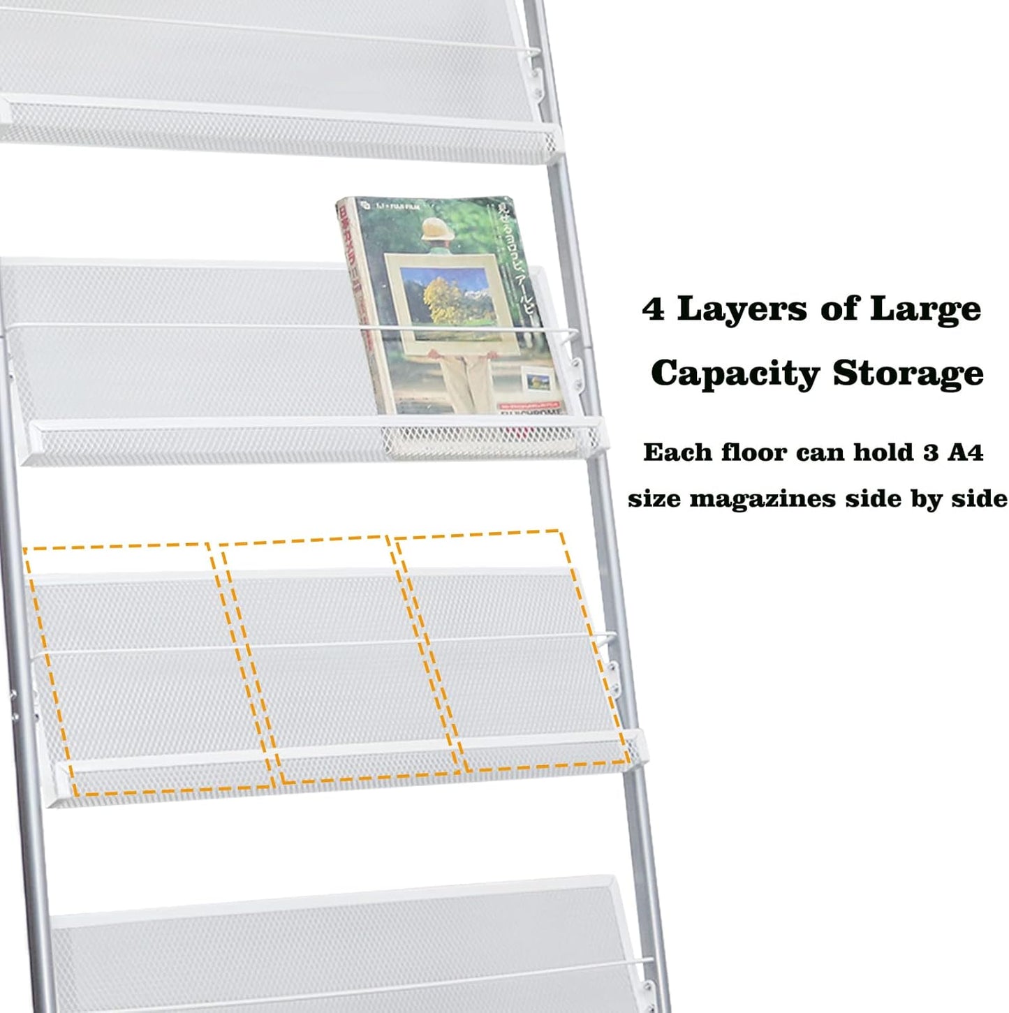 4-Layer Iron Magazine Rack with Wheels, Newspaper Rack, Display Rack, Silver (63)