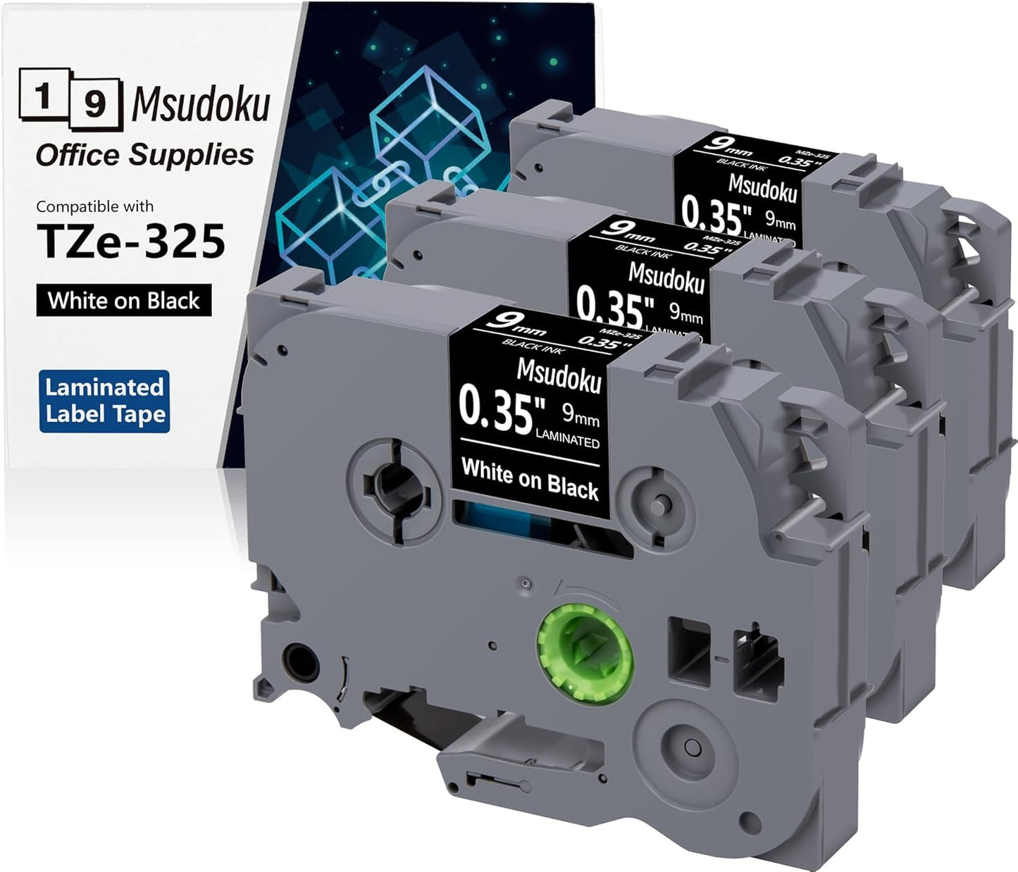 Tz Tape 9mm 0.35 Laminated Black Compatible for Brother TZe-325 TZe325 Label Maker Tape for PT D200 D210 D220 D400 Cube, White on Black, 3/8 Inch x 26.2 Feet, 3-Pack