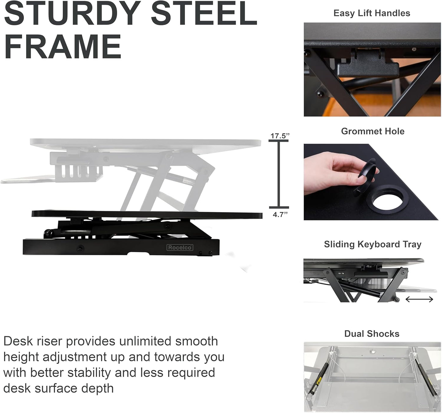 Rocelco 45" Height Adjustable Standing Desk Converter with Premium Dual Monitor Mount and Slide Out Retractable Keyboard Tray - Sit Stand Up Triple Screen Tabletop Riser - Black (R ADRB-45-MA2)
