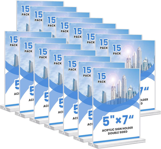 Acrylic Sign Holder, 5x7, 15 Pack Vertical Clear Table Menu Display, Double Sided, Plastic Stand, Suitable for Restaurants, Office, Store, Fair