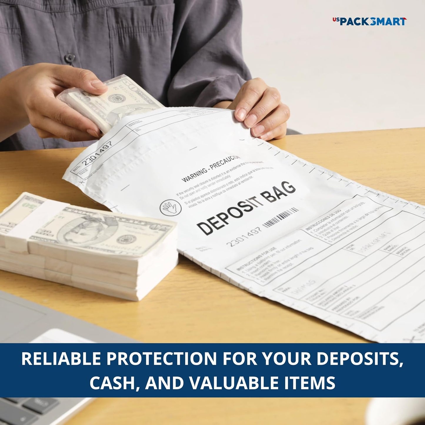 Opaque Plastic Deposit Bags 10"x13" | Secure Bank Deposits, Cash Handling or Safe Currency Transportation | Sequential Barcodes | Tamper-Evident, Tear-Off Receipt for Security | 100-Pack