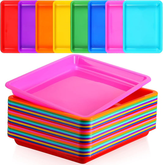 Maitys 24 Pcs Plastic Art Trays 11 x 8.7 x 1 Inch Activity Craft Tray Organizer Serving Tray Stackable Storage Sand Trays for School Painting Beads Crafts DIY Projects(Colorful)