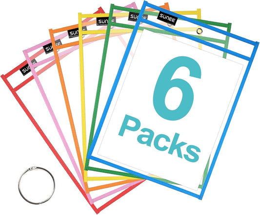 SUNEE 6 Packs Oversized Reusable Dry Erase Pocket Sleeves with Binder Ring, 6 Assorted Colors 10x14 Ticket Holders, Clear Plastic Sheet Protectors, Teacher School Classroom Supplies