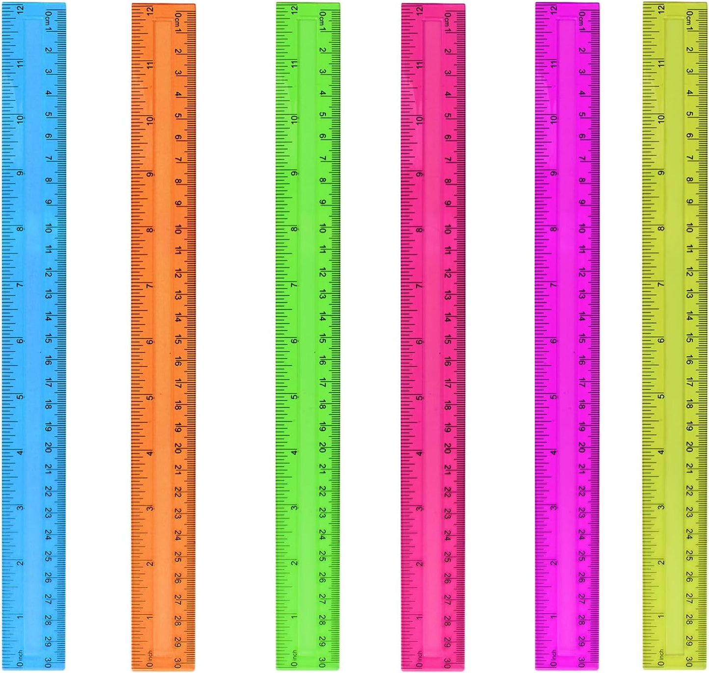 6PCS Clear Ruler, 12 Inch Plastic Rulers for School, Home, or Office, Clear Plastic Rulers, Assorted Colors.