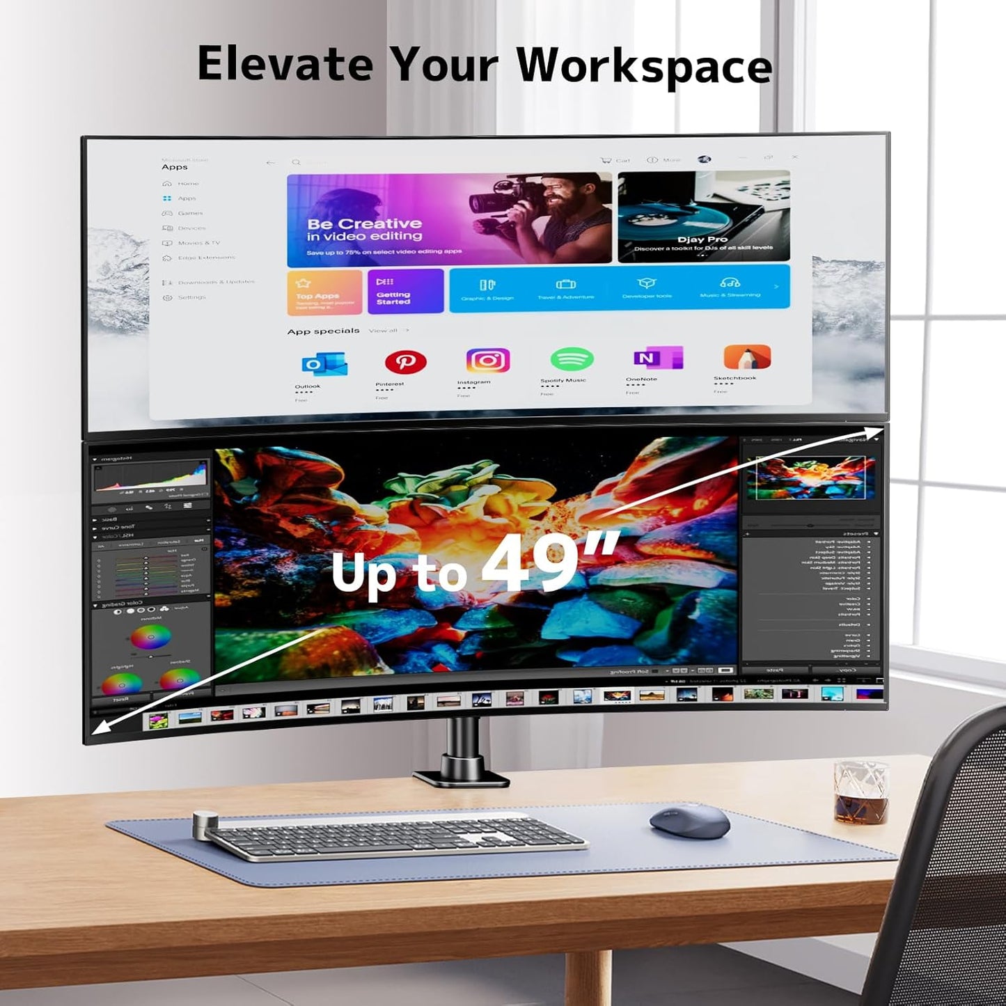 Dual Vertically Stacked Ultrawide Monitor Desk Mount 17-49 Inch - Extra Tall Heavy Duty Adjustable Monitor Arm for 2 monitores,Weight 2-20 kg per Arm,VESA 75/100 mm