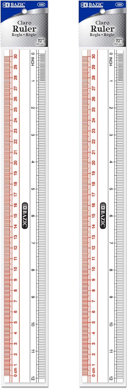 BAZIC Plastic Clear Ruler 12" (30cm), Inches Centimeter Metric Measuring Drafting Rulers, for Students School Supplies, 2-Pack