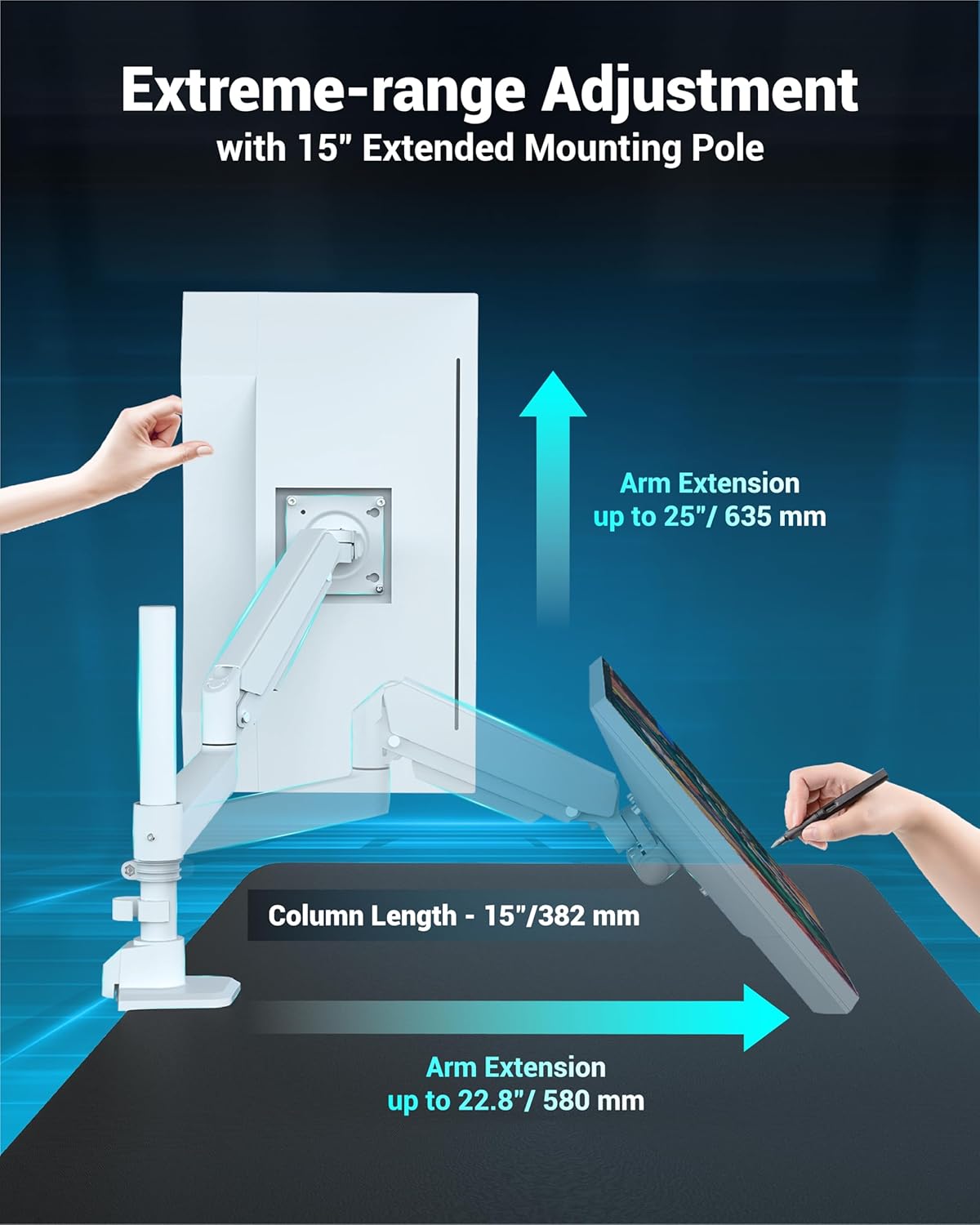 Heavy Duty Monitor Arm for 13-49 Inch Ultrawide Screens, Holds Up to 44lbs, Fully Adjustable Single Monitor Mount, with Clamp & Grommet Base, 75/100mm VESA Desk Mount, White