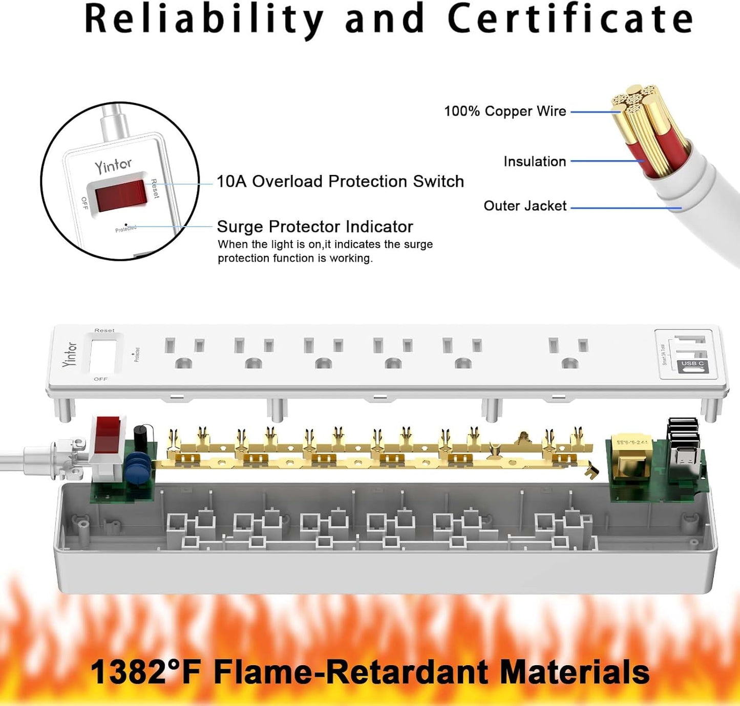 6 Ft Power Strip Surge Protector - Yintar Extension Cord with 6 AC Outlets and 3 USB Ports for Home, Office, Dorm Essentials, 1680 Joules, ETL Listed, White