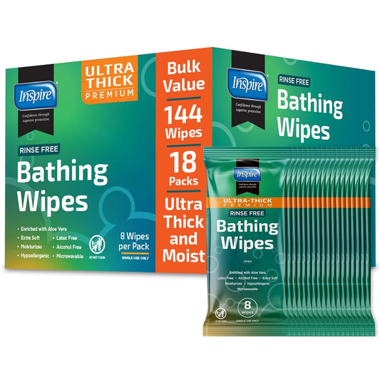 Inspire Ultra Thick Rinse Free Body Wash Wipes, Bathing Wipes, Shower Wipes - Rinse Free Wet Wipes, Thick Strong Extra Large With Aloe Vera Enriched