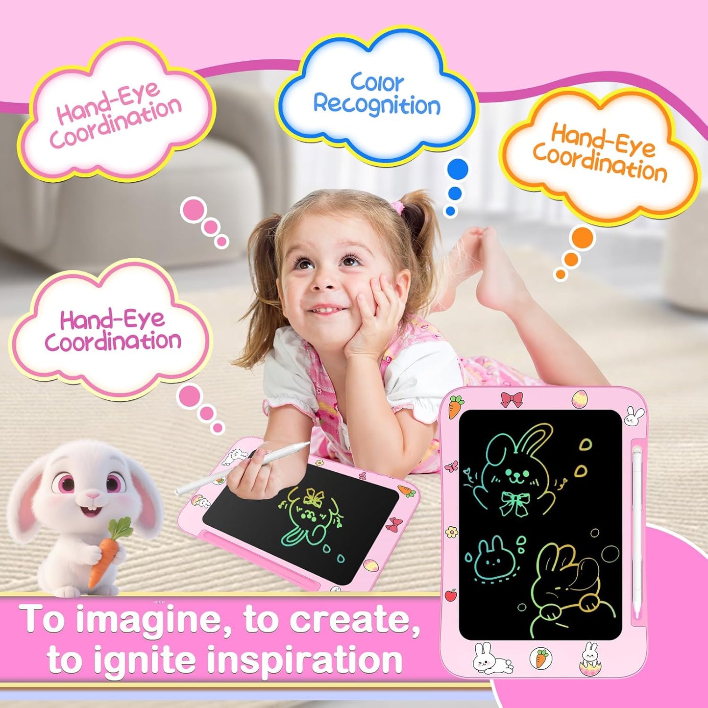 LCD Writing Tablet for Kids, Colorful Screen Drawing Board for 3-7 Year Old Boys & Girls - Educational Toys for Birthday & Christmas (Rabbit)