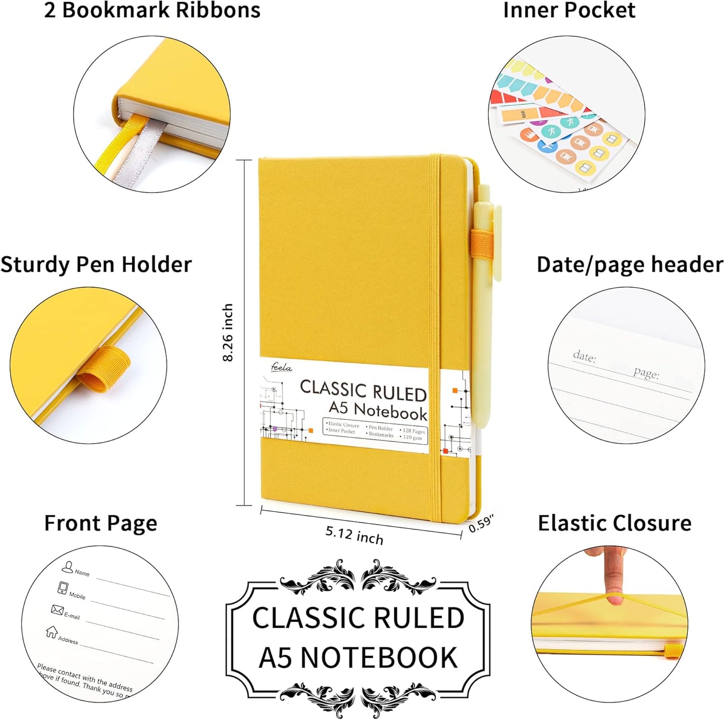 feela 24 Pack Journal Notebook for Work, Business Notebook Bulk Hardcover Lined Writing Journal with Pen Holder for Men Women Note Taking, with 24 Black Pens, 120 GSM, 5.1”x8.3”, A5, Yellow