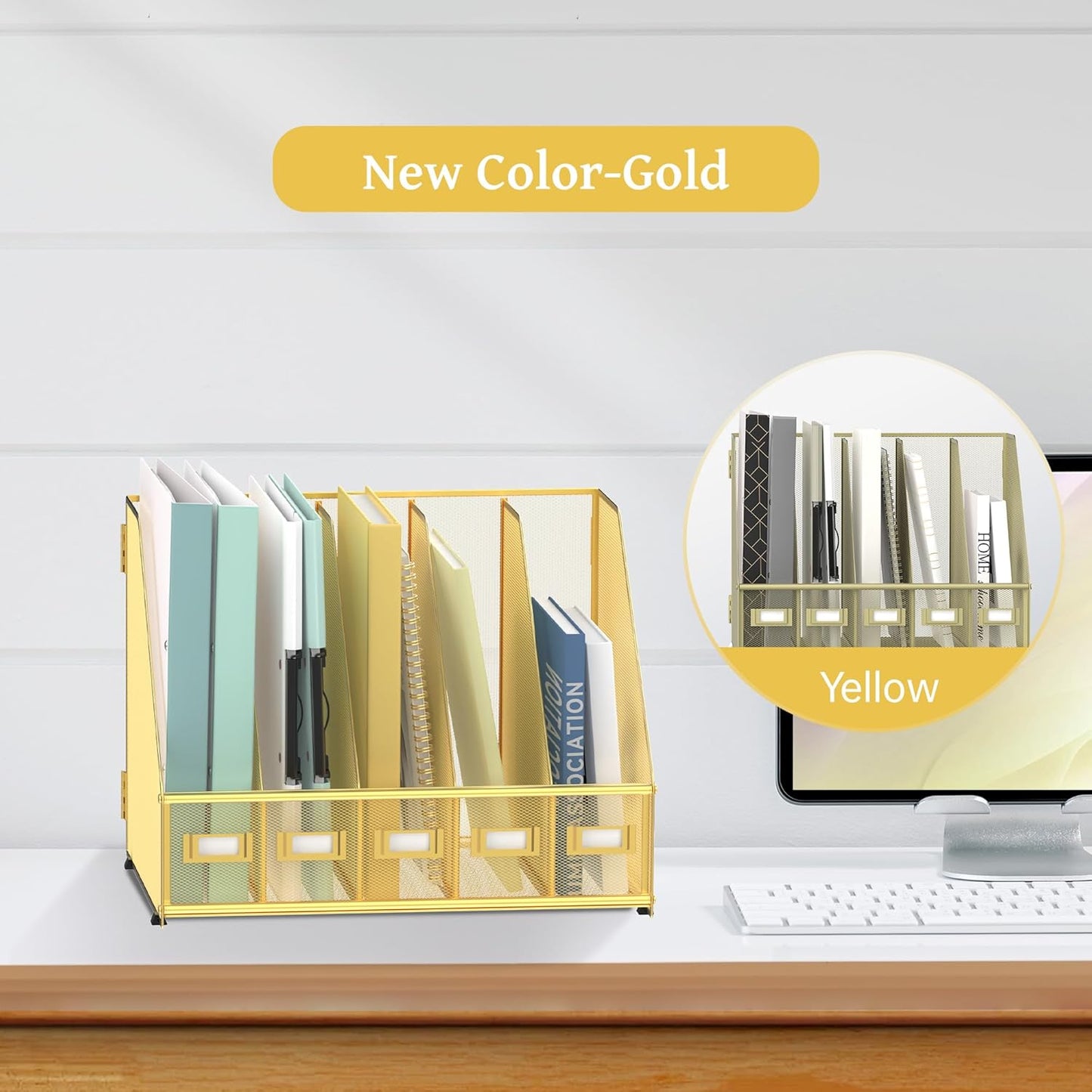 SUPEASY Desk Organizers Metal Desk Magazine File Holder with 5 Vertical Compartments Rack File Organizer for Office Desktop, Home Workspace, Gold