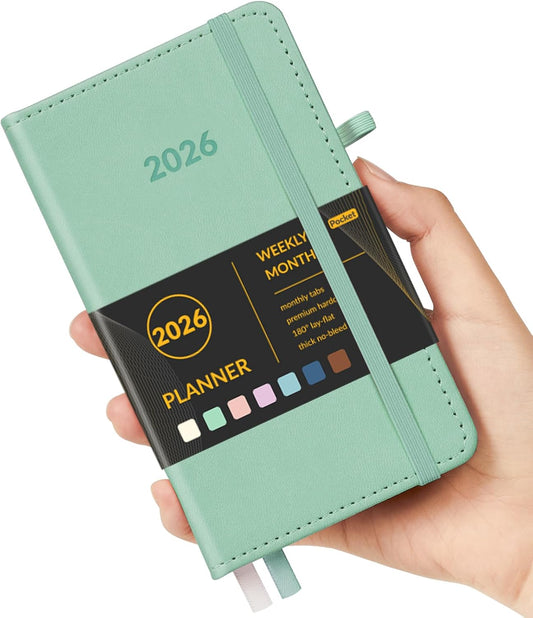Forvencer Pocket Planner 2026, Weekly Monthly Planners with Month Tabs for Purse, 3.5" x 6", Jan 2025-Dec 2026, Cute Small Daily Academic Calendar, Elastic Band, Hardcover Agenda for Women, Teacher