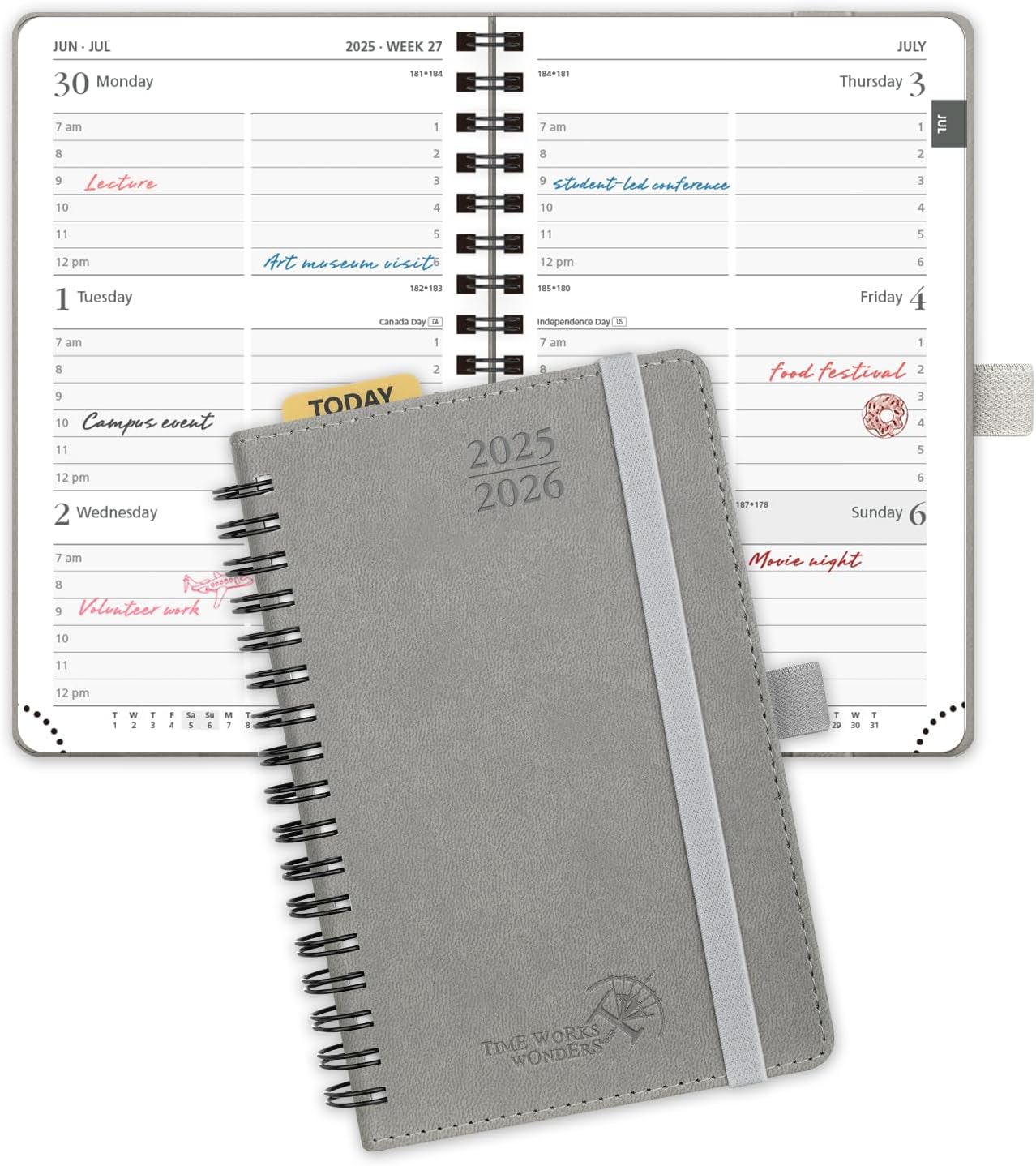 POPRUN Pocket Planner 2025-2026 (Purse Size 4'' x 6.25'') Academic Small Calendar (July 2025 - June 2026) with Hourly Time Slots, 100GSM Thick Papers, Spiral Leather Cover - Grey