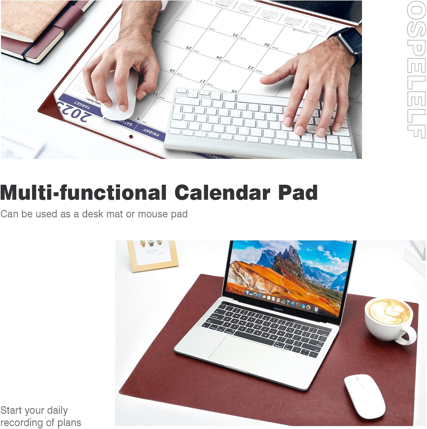 Ospelelf Large Desk Calendar 2025-2026 with PU Leather Pad, 18 Months Planner Pad from July 2025 to Dec 2026, 22" x 17" Wall Calendar with Protective Cover for Home or Office, Brown