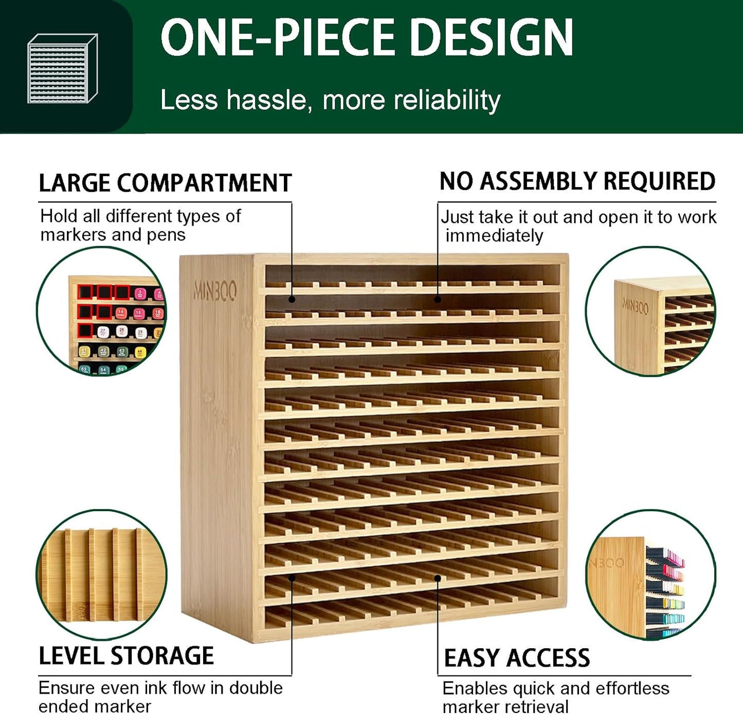 MinBoo Marker Organizer for 144 Markers, Bamboo Art Supply Storage Organizer Rack, Art Markers Pens Colored Pencils Paint Brushes Stationary Organizer Holder for Home Classroom Office Desk Decor