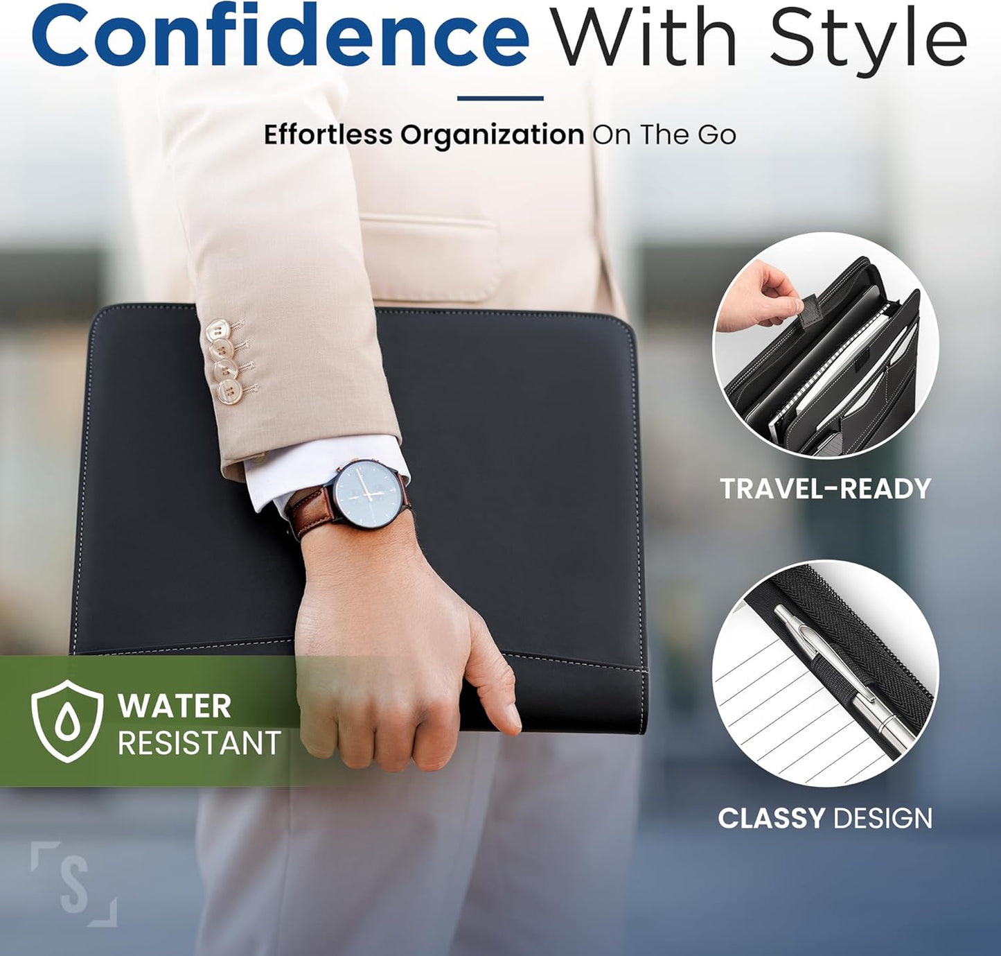 STYLIO Zipper Portfolio Binder | Padfolio 3 Ring Binder (1") and Clipboard Folio (Removable) | Portfolio Organizer for Documents, iPad, Tablet, Phone | Faux Leather Notebook for Men & Women