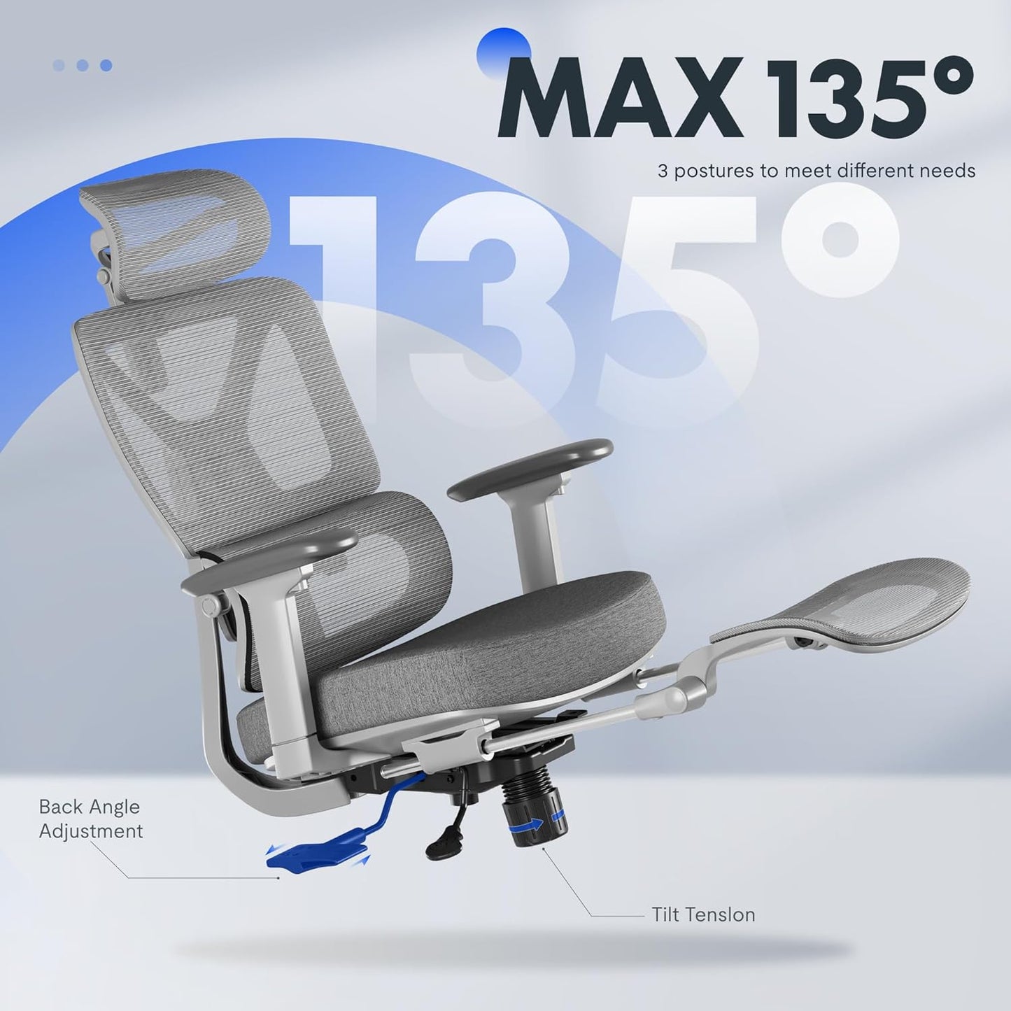 FLEXISPOT ErgoX Premium Ergonomic Office Chair with Footrest- Adjustable 3D Armrests, Dynamic Lumbar Support, Recline & Tilt Function, Mesh Seat, for Home & Office Use,Foam Grey