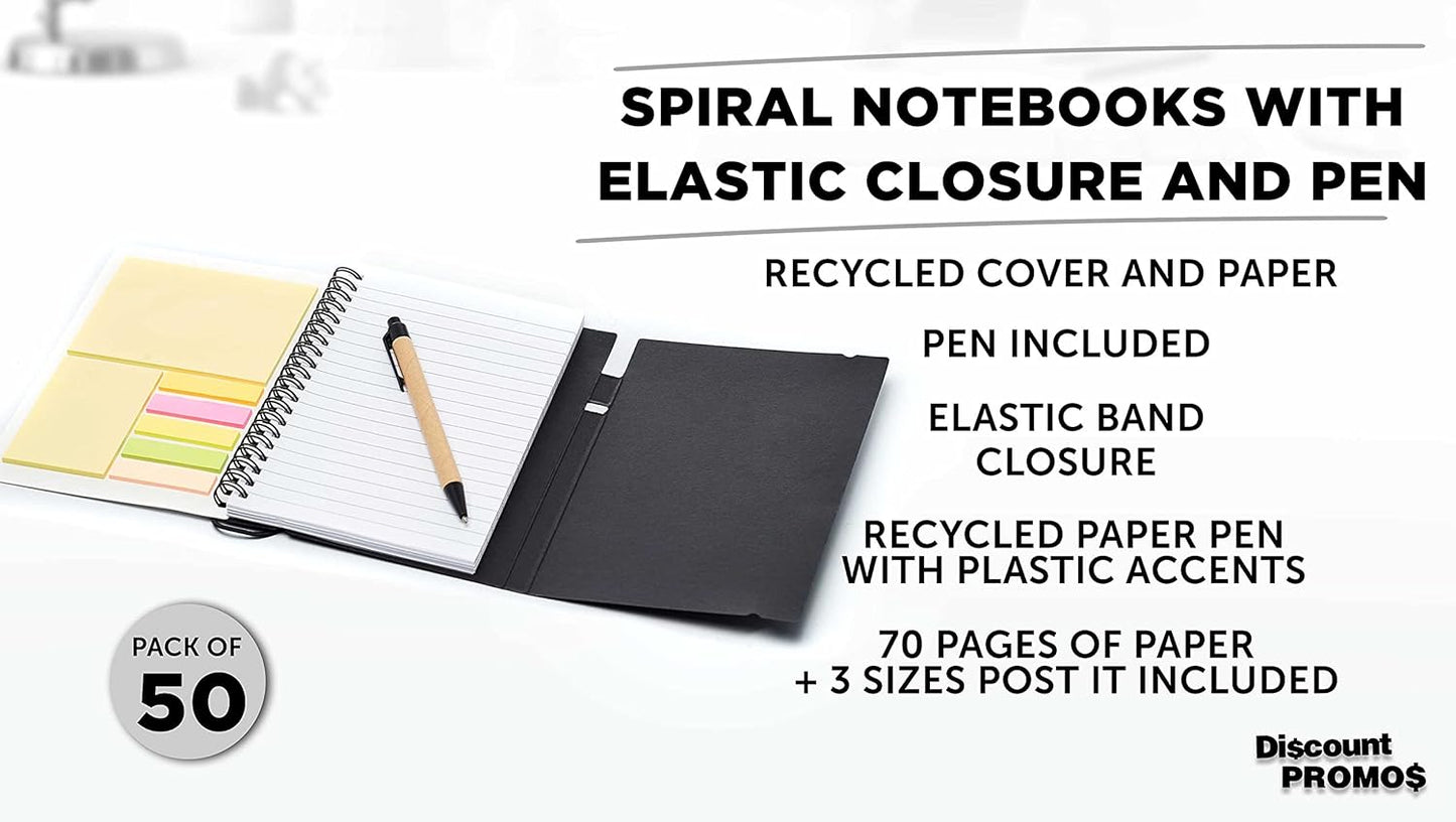 DISCOUNT PROMOS Custom Spiral Notebooks with Elastic Closure Set of 50, Personalized Bulk Pack - Perfect for School, Office, Business and More - Black