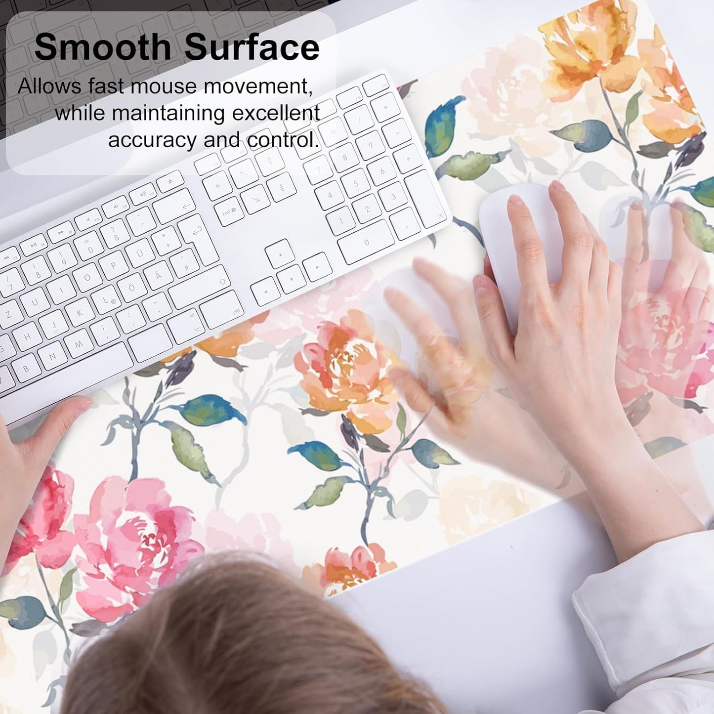 QIYI Floral Mouse Pad, Watercolor Flowers Desk Mat for Desktop, Women Girls Office Décor Accessories, PU Leather Waterproof Gaming Mousepad, Pink Yellow Peonies Desk Pad Computer Mat, 31.5" x 11.8"