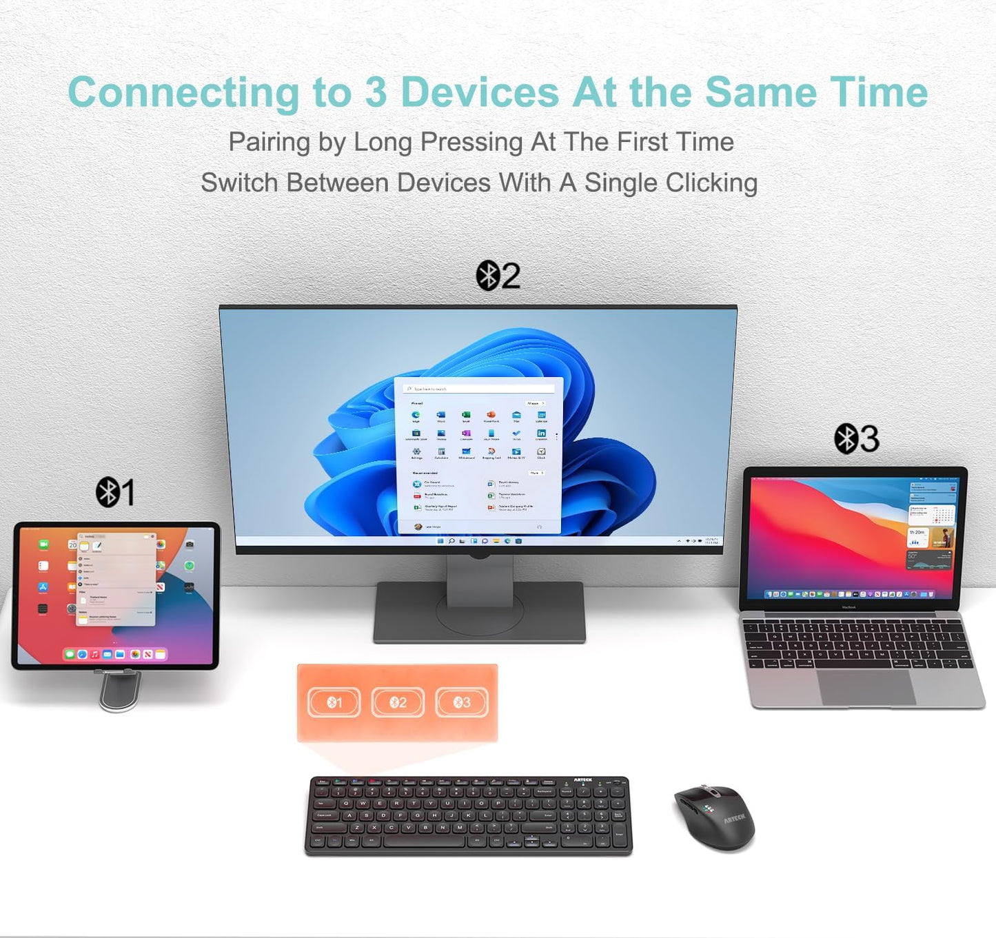 Arteck HB305-2 Universal Multi-Device Bluetooth Keyboard Ultra Compact Wireless Bluetooth Keyboard with Media Hotkeys for Windows iOS iPad OS Android Computer Desktop Laptop Surface Tablet Smartphone