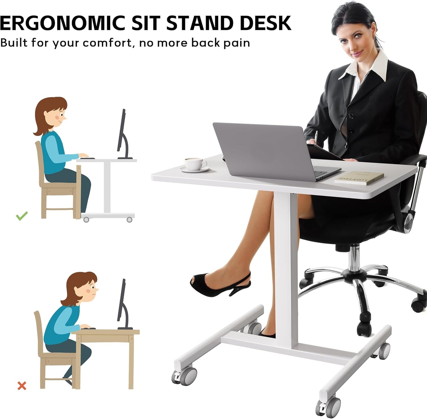 Mobile Laptop Standing Desk Adjustable Height, Small Mobile Desk Workstation with Wheels, Portable Rolling Computer Desk Cart for Home Office Classroom (White)