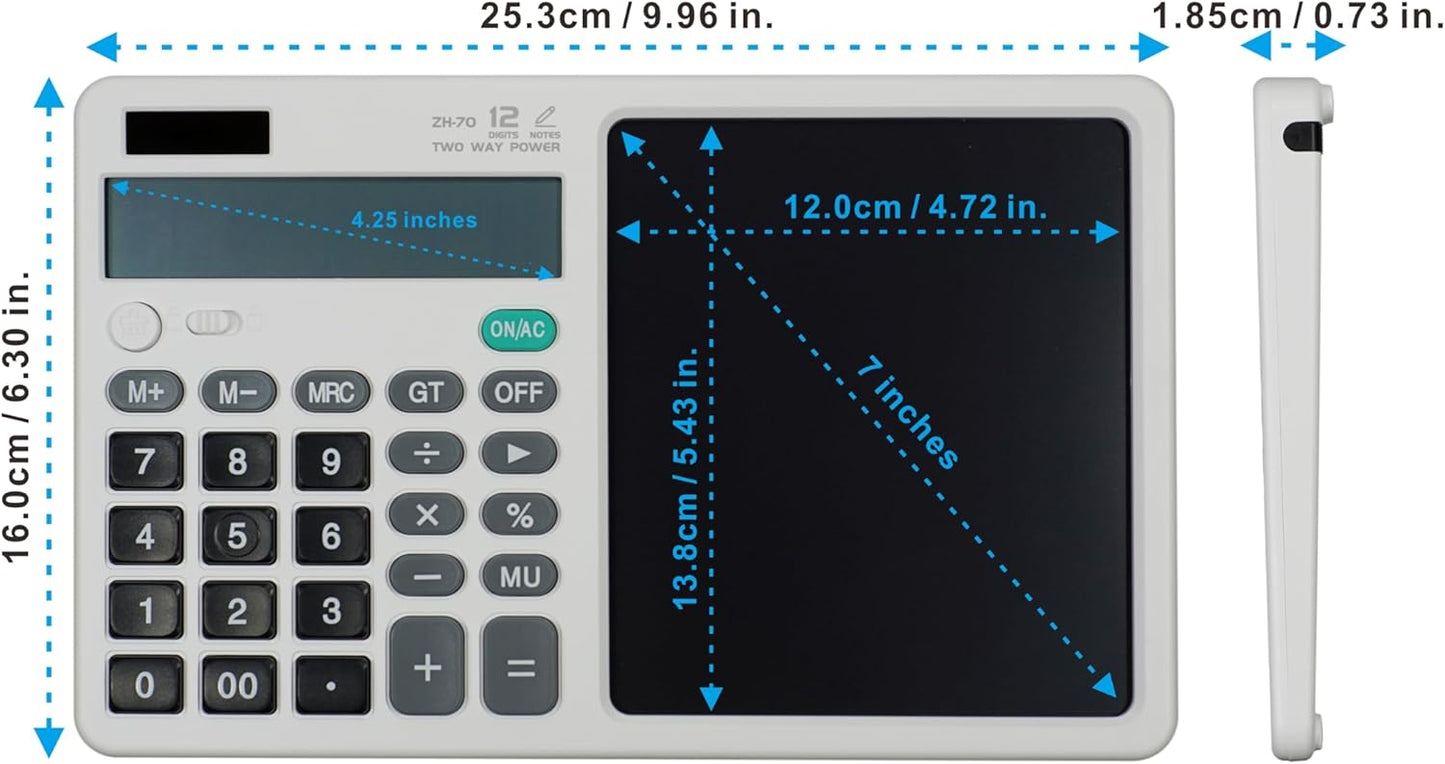Desk Calculator Large Display with 7'' Erasable Writing Pad, 12 Digits Large Screen Display Jumbo Calculadora, Solar & Battery Powered Big Button Calculators for Business Office School, White