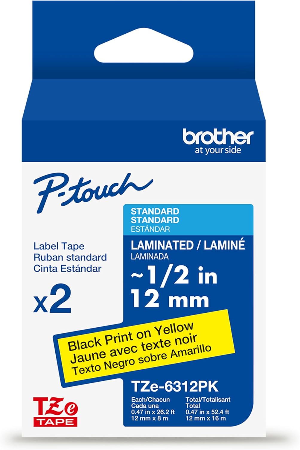 Brother Genuine P-Touch, TZe-6312PK Tape ½” (12mm) 2-Pack Laminated P-Touch Tape, Black On Yellow Perfect for Indoor Or Outdoor Use, Water Resistant, 26.2 Ft. (8M)