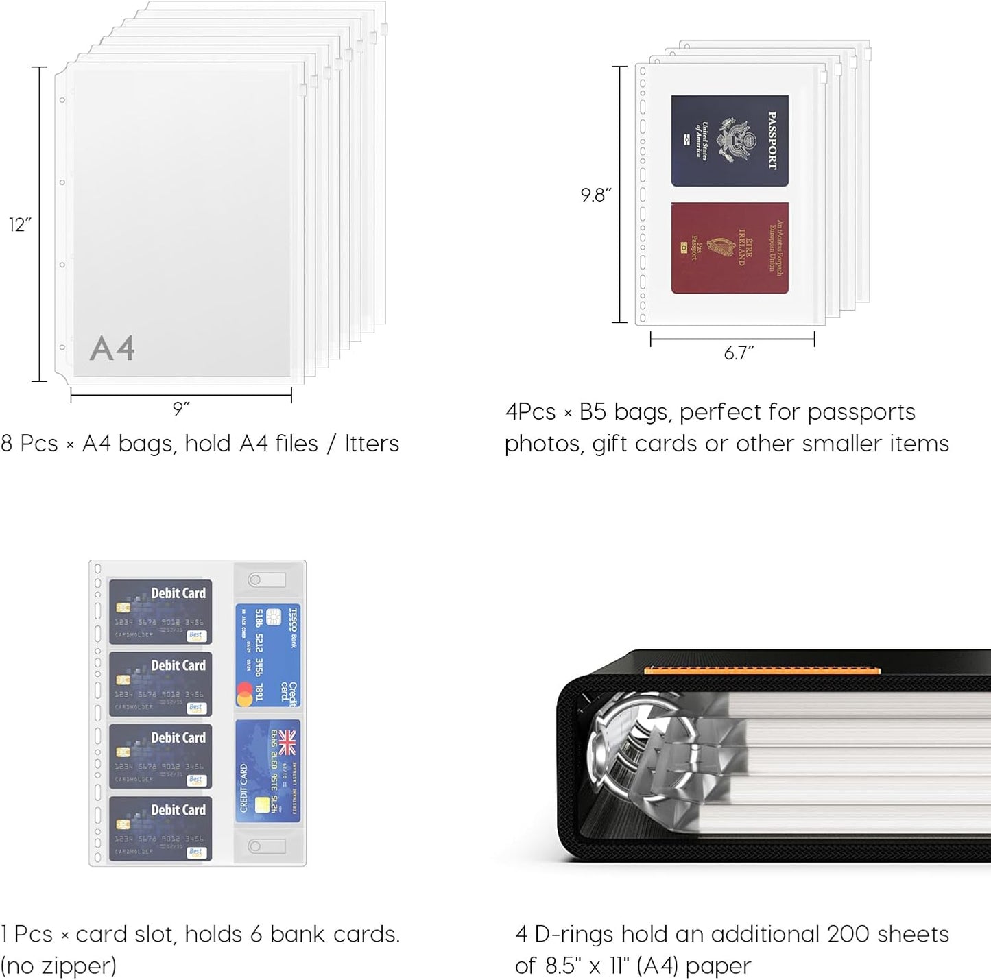 Important Document Organizer Zipper Binder,Fireproof Document Bag for Birth Certificate Protector, Waterproof Bill Organizer in Case I Go Missing Binder for Home Safe, 4 Ring Receipt Holder (Black)