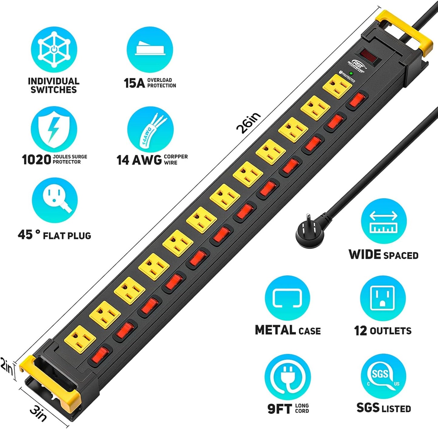CRST 12 Outlets Long Power Strip, 9 FT Cord Metal Wall Mount Surge Protector Power Strip with Individual Switches and Cord Manager, 1020J, 15Amp/1875W for Garage,Workshop, Office, Home