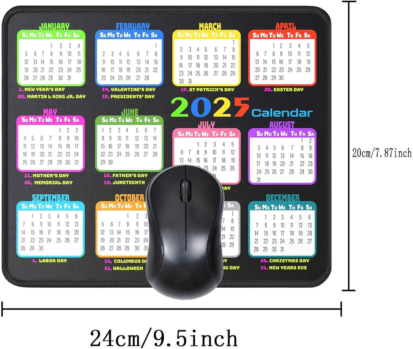Calendar Mouse Pad 9.5 X 7.8 in, Mouse Pads with Stitched Edges and Non-Slip Rubber Base, Home Office Desk Decor Accessories for Computer Laptop Work Gaming (White 2025 with Holidays)