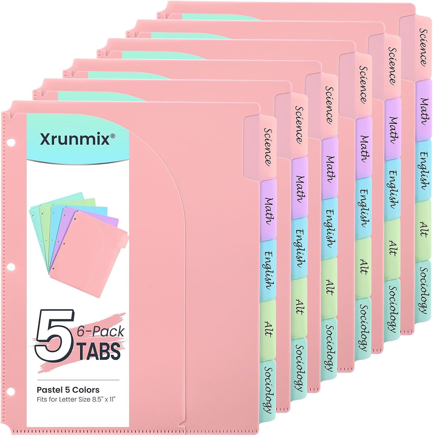 5-Tab Dividers for 3 Ring Binder, 30 Counts Durable Binder Dividers Index with Pocket for 8.5 x 11'', Binder Dividers with 1/5 Cut Tabs for School Office Organization(XY026) (6)