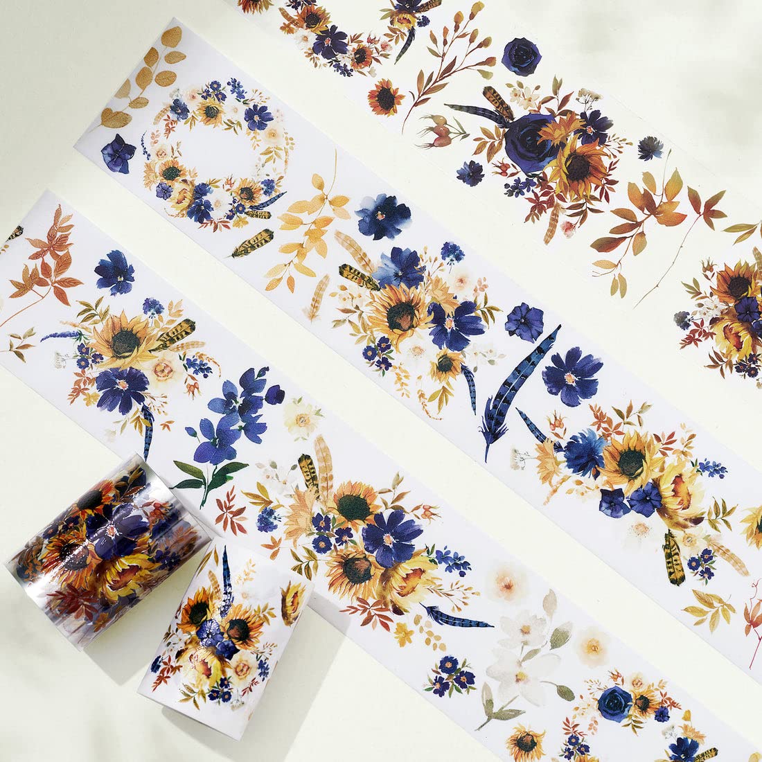 WT Sunflower & Navy Wide Washi Tape, 60mm Width, Single Roll, Floral Decorative Tape for Journaling, Planners, Bujo, DIY Crafts, Original Design Paper Tape