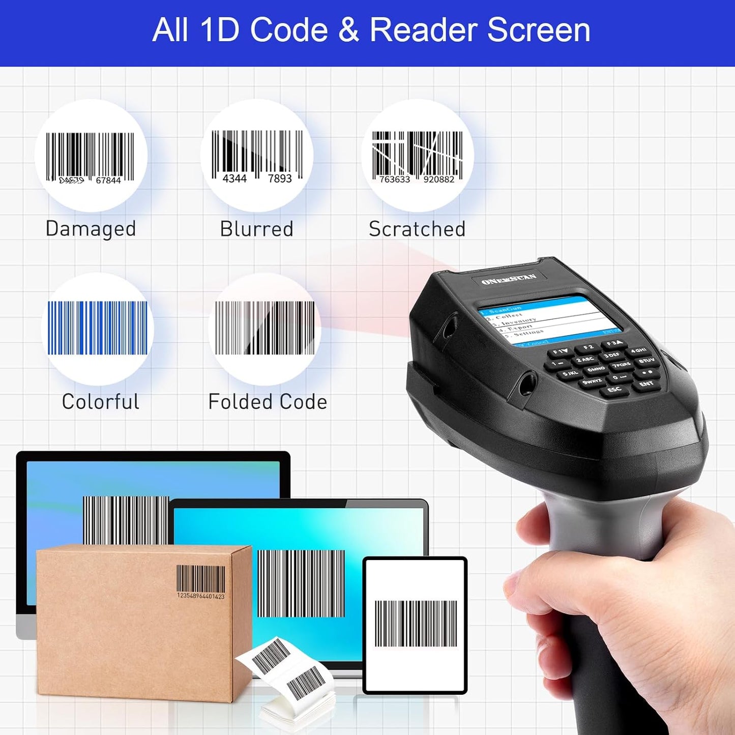 Inventory Scanner Wireless, Onewscan Barcode Scanner with Charging Base 1D Read Screen Data Collector Data Terminal 2.4G Wireless & USB Connection Bar Code Scanners with 2" LCD Screen