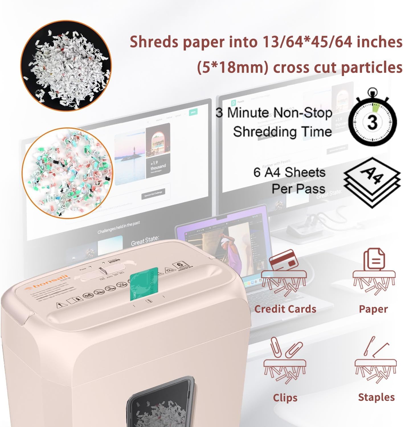 Bonsaii 6-Sheet Cross-Cut Pink Shredder, P-4 High Security Level, Compact Design for Home and Office, Shreds Paper, Credit Cards, Staples, Clips, 3-Minute Continuous Shredding, 3.4-Gal Bin