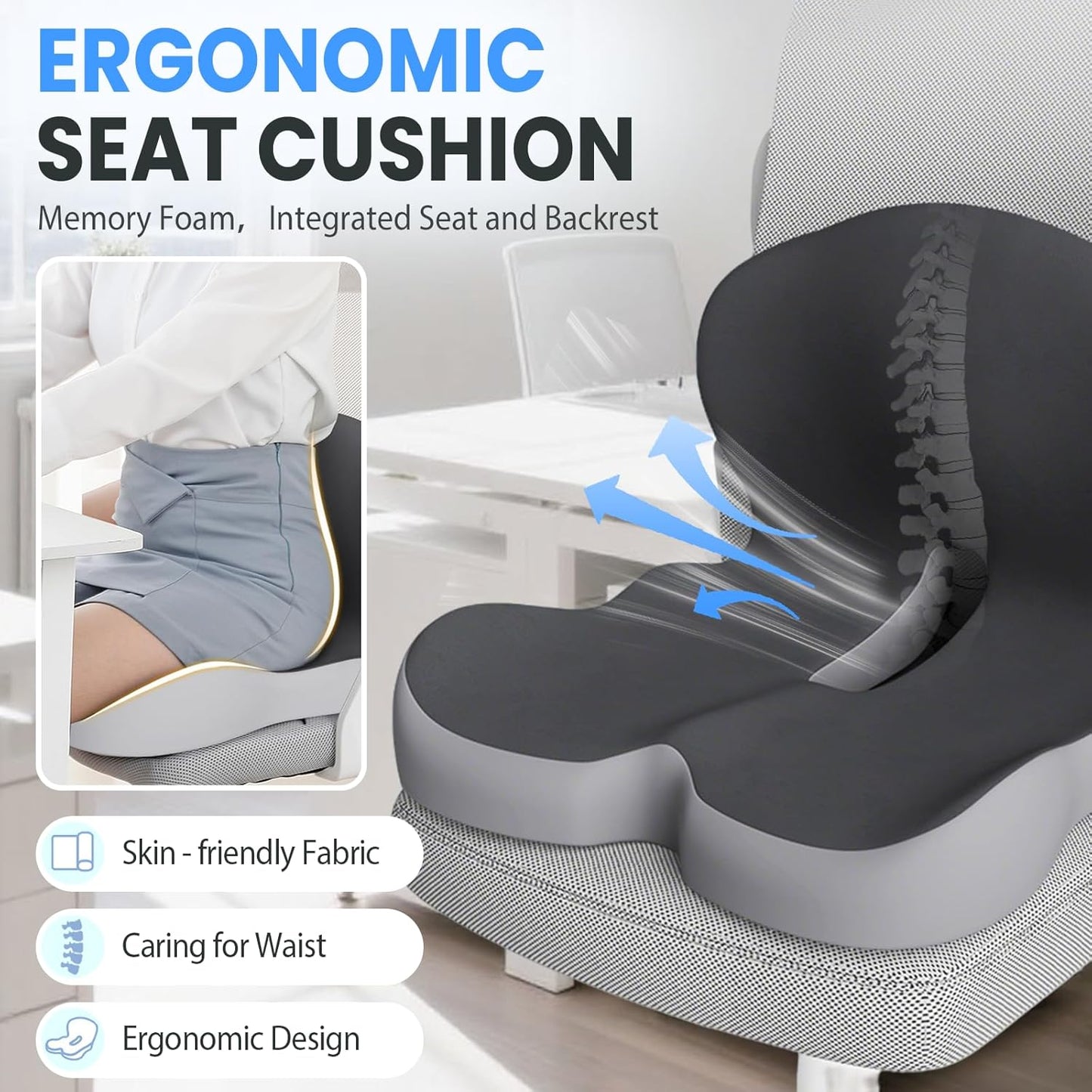 Back and Seat Cushion, 2025 New Ergonomic Non-Slip Memory Foam Seat Cushion with Back Support, L-Shaped Breathable Seat Cushions for Car, Office, Home (Dark Gray)