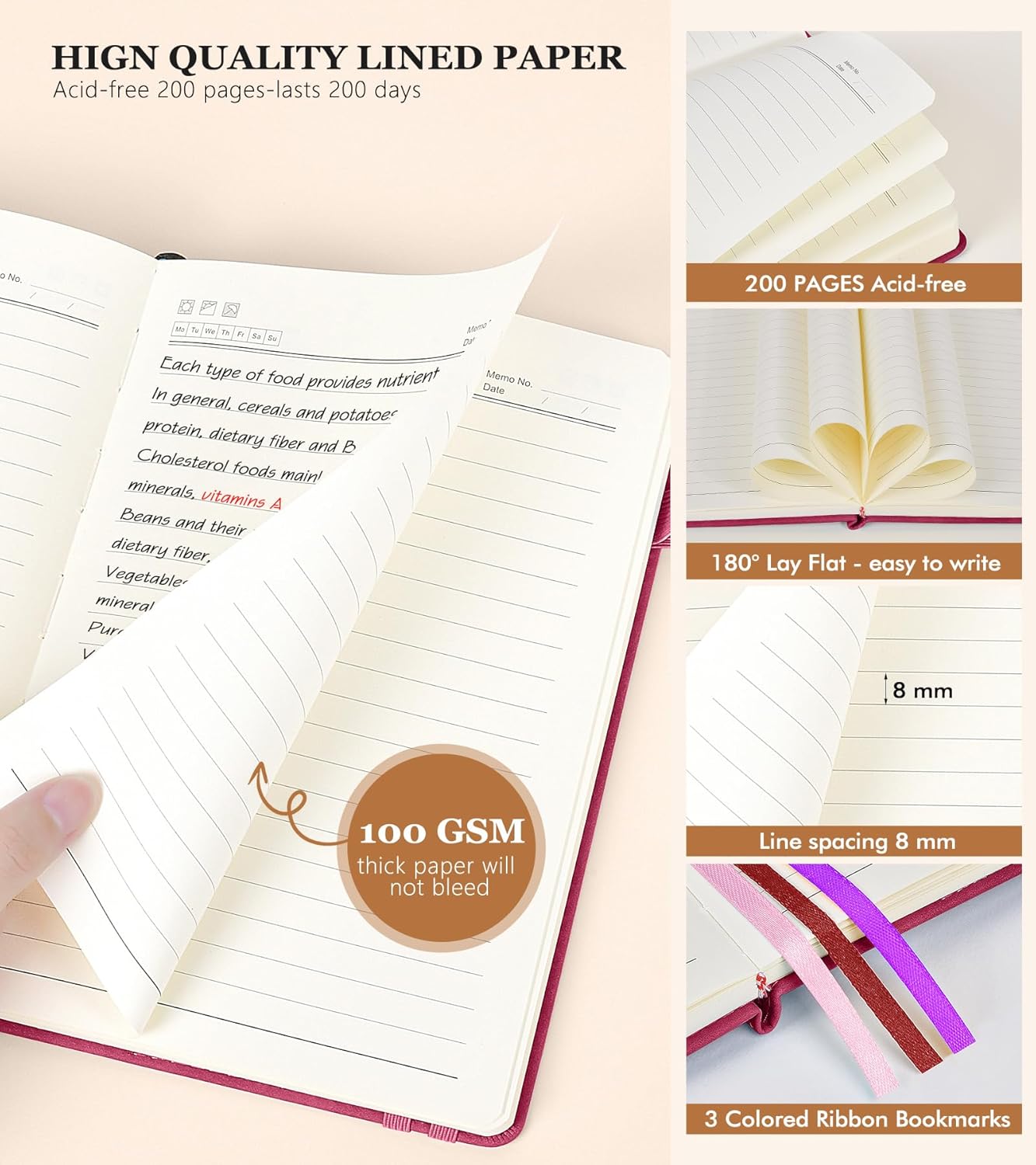 Lined Journal Notebook for Men & Women,200 Pages A5 Hardcover Leather Notebook (5.9"x8.5"), Travel Journal for Work, School, Business Writing, Note Taking, Notepad Diary (Burgundy)