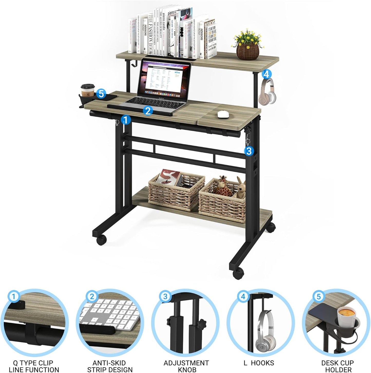Mobile Standing Desk, Adjustable Rolling Computer Desk with 3 Desktops, Portable Laptop Table with Cup Holder, Home Office Laptop Workstation on Lockable Wheels, Grey Oak
