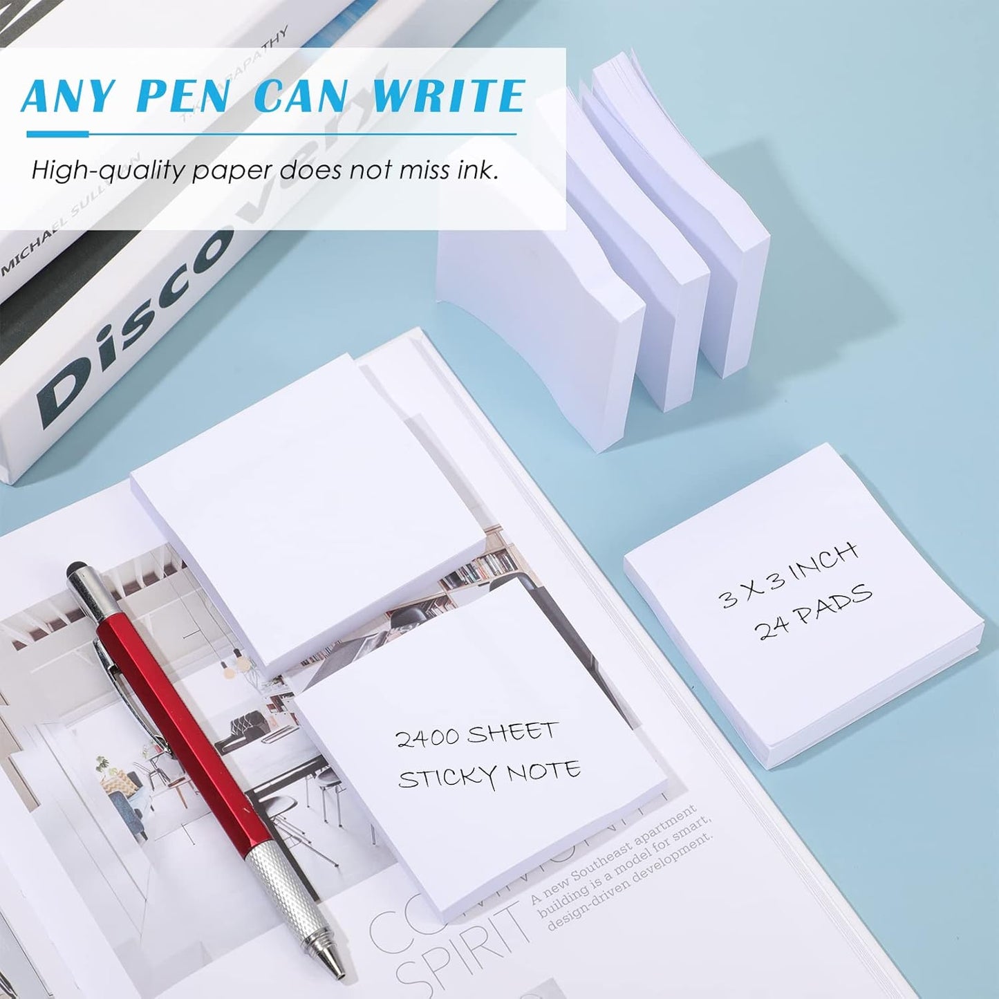 Sabary 2400 Sheets White Sticky Notes 3 x 3 Inch Self Stick Notes Pads Easy Note Pads for Office Home Studying Supplies, 24 Pads, 100 Sheets/Pad, Individual Package