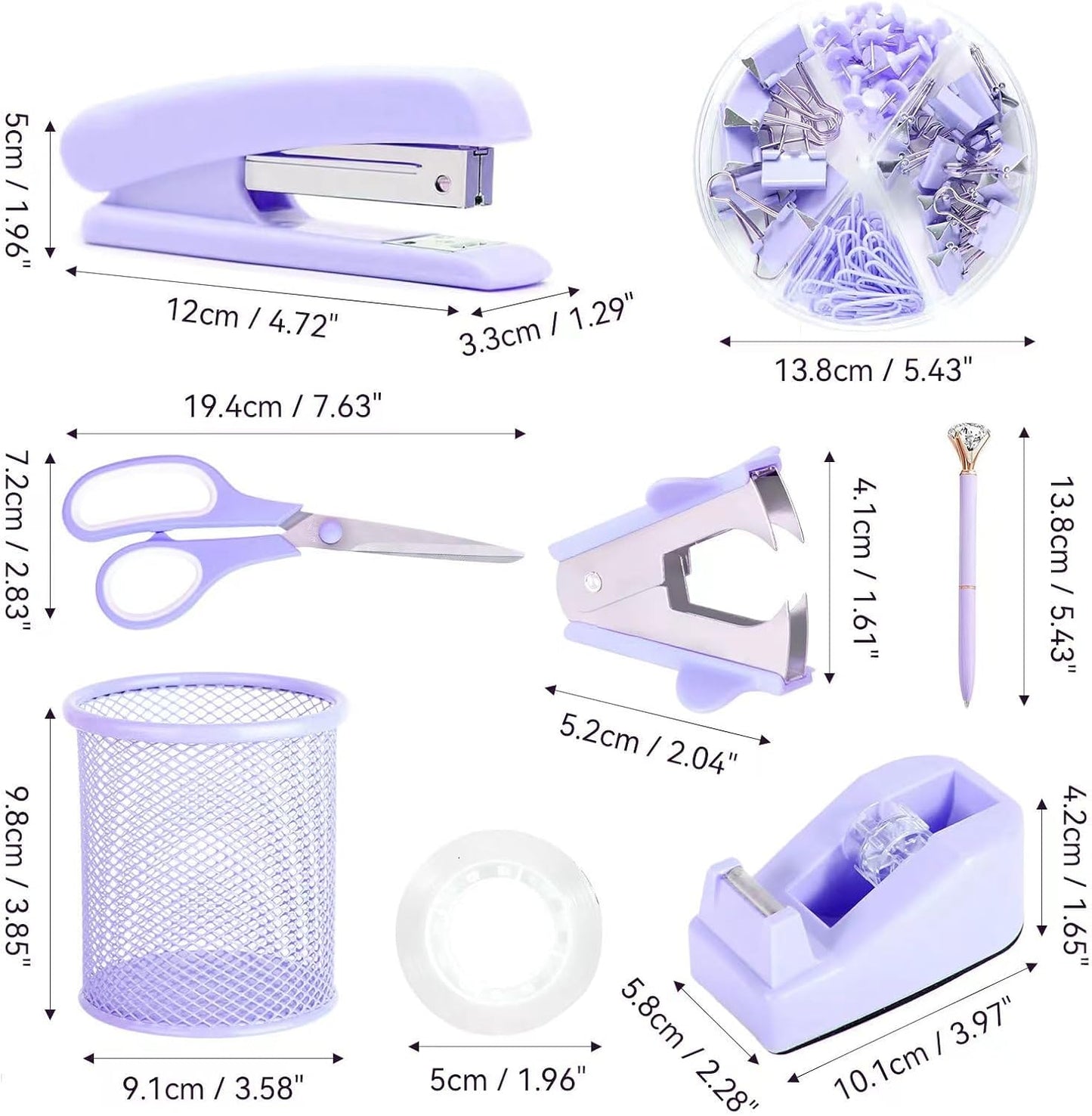 Purple Desk Accessories, Pink Office Supplies Set with Stapler, Tape Dispenser, Staple Remover, Pen Holder, Scissor, Binder/Paper Clips, Ballpoint Pen, Clear Tape and 1000pcs Staples