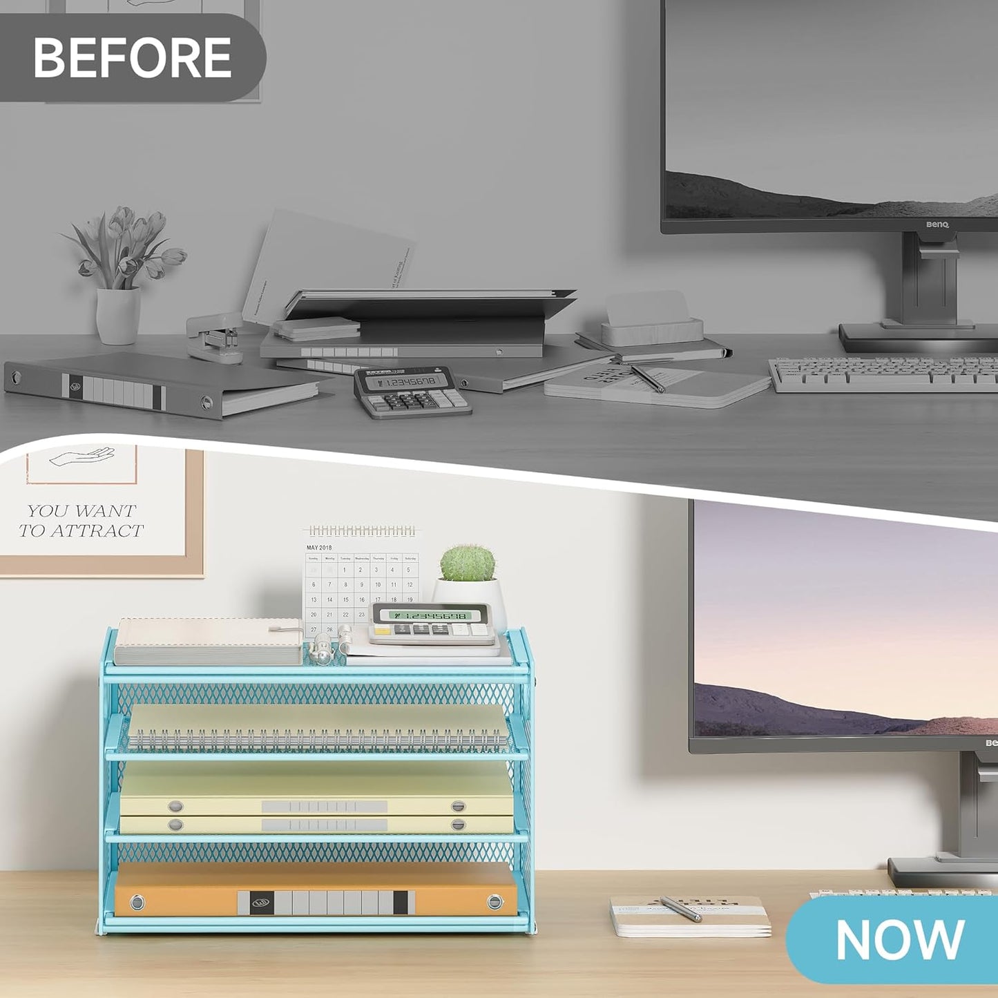 Subekyu Paper Letter Tray Organizer for Desk, Blue Metal Mesh Desk File Sorter Organizer with Handle and 2 Sliding Trays for Home Office School Supplies Organization