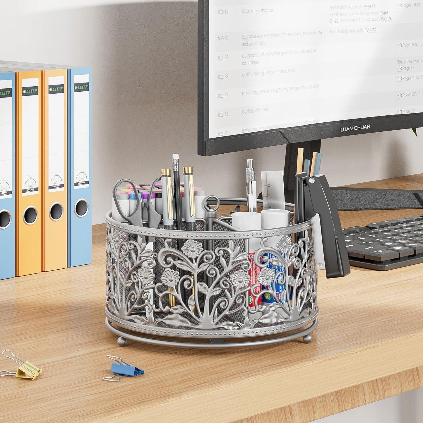EKNITEY Pencil Pen Holder For Desk - Rotating Pencil Cup Organizer Cute Desktop Caddy with 4 Slots for Art Supplies School Home